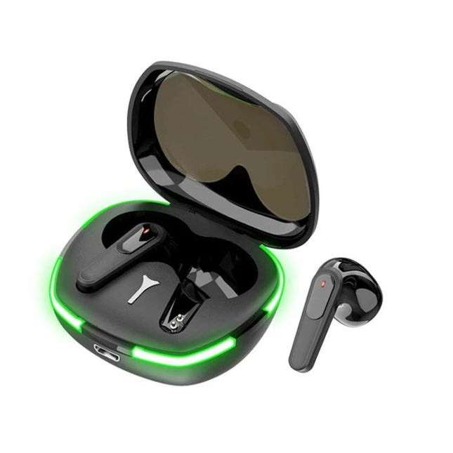 Mini True Wireless Earbuds With Secure Fit For Everyday Use black compact TWS earbuds in charging case with green LED