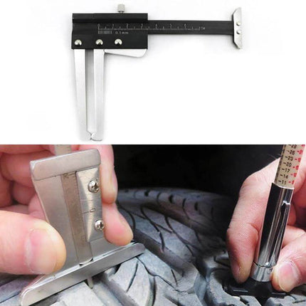 Steel Tire Tread Depth and Width Measuring Gauge showing close-up use on tire tread for accurate depth and width inspections