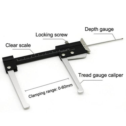 Steel Tire Tread Depth and Width Measuring Gauge steel caliper with clear scale, locking screw and depth gauge for tire tread inspection