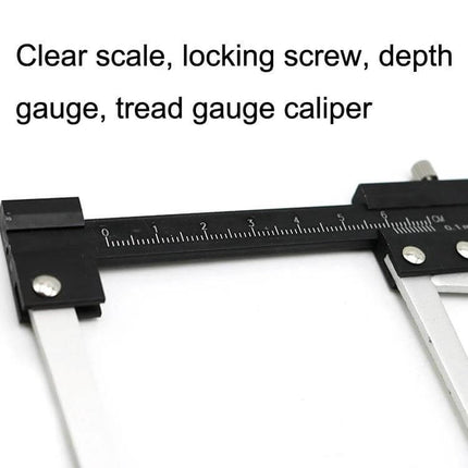 Steel Tire Tread Depth and Width Measuring Gauge - steel caliper with clear scale, locking screw and depth/tread gauge for vehicle tire inspections