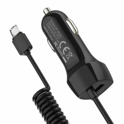 Multi-Output USB-C And Micro USB Car Charger For In-Car Charging compact black coiled cable car charger with USB-C, Micro USB and 8‑pin ports
