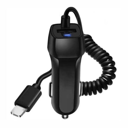 Multi-Output USB-C And Micro USB Car Charger For In-Car Charging - compact black car charger with coiled cable and LED indicator