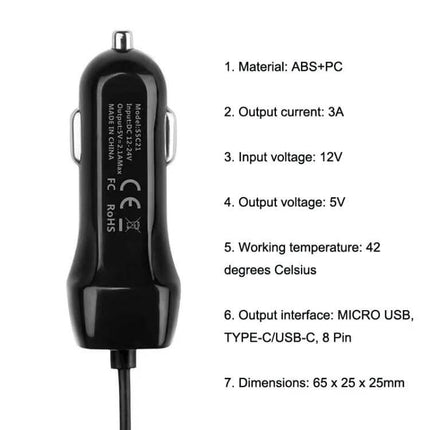 Multi-Output USB-C And Micro USB Car Charger For In-Car Charging compact black 3A 12V charger with Micro USB, USB-C and 8-pin ports for phones and tablets