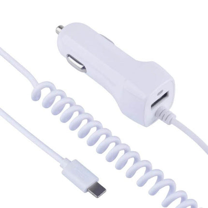 Multi-Output USB-C And Micro USB Car Charger For In-Car Charging white compact coiled cable with USB-C and micro USB ports
