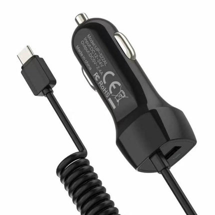 Multi-Output USB-C And Micro USB Car Charger For In-Car Charging compact black coiled USB-C car charger with USB port for phones and tablets