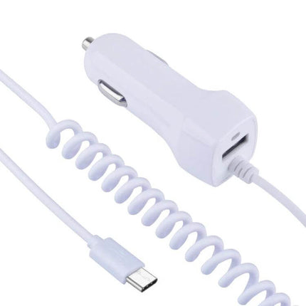 Multi-Output USB-C And Micro USB Car Charger For In-Car Charging white coiled cable and USB-C plug in car cigarette lighter port