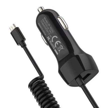 Multi-Output USB-C And Micro USB Car Charger For In-Car Charging compact black coiled micro USB cable and cigarette lighter adapter