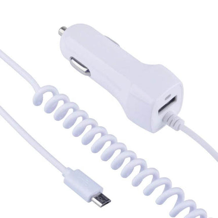 Multi-Output USB-C And Micro USB Car Charger For In-Car Charging compact white car charger with coiled micro USB cable