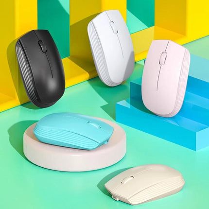Compact Portable 3-Button Wireless Mouse for Laptops and Desktops showing five color options (black, white, pink, blue, beige) on colorful display