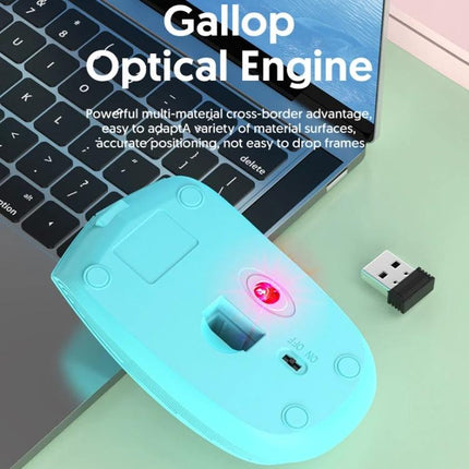 Compact Portable 3-Button Wireless Mouse for Laptops and Desktops shown underside with USB dongle and optical sensor near laptop