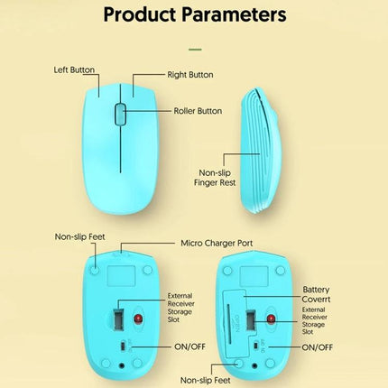 Compact Portable 3-Button Wireless Mouse for Laptops and Desktops - turquoise top, side profile, and bottom showing buttons, micro charger port, receiver slot
