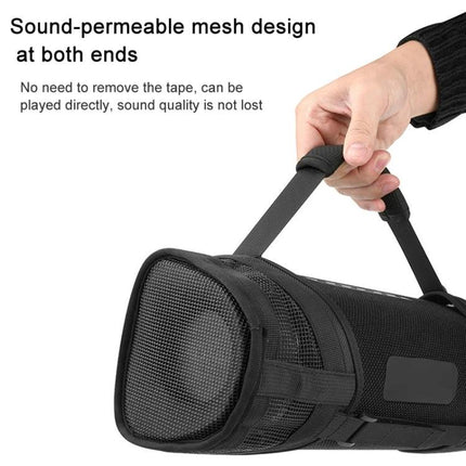 Sony Padded Speaker Carrying Bag For Everyday Outings black padded mesh case held by hand showing sound‑permeable end