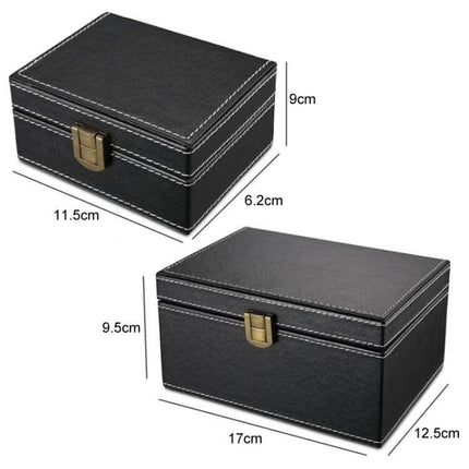 Protective RFID Shielding Box for Car Keys and Mobile Phones - black PU leather RFID blocking storage box with latch, dimensions shown