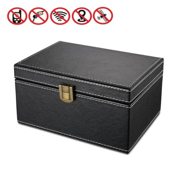 Protective RFID Shielding Box for Car Keys and Mobile Phones - black PU leather security box to block RFID scanning and signal interception