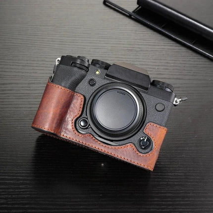 Fujifilm X-T5 Cowhide Leather Protective Camera Case shown fitted on a black Fujifilm X-T5 camera, brown cowhide half-case for travel and protection