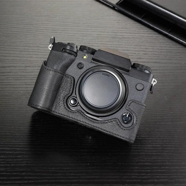 Fujifilm X-T5 Cowhide Leather Protective Camera Case on black camera body showing front protective half-case with textured cowhide