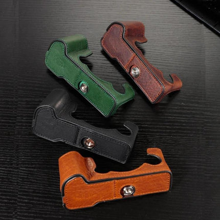 Fujifilm X-T5 Cowhide Leather Protective Camera Case in green brown black and tan leather half-case showing access to battery and tripod mount