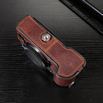 Fujifilm X-T5 Cowhide Leather Protective Camera Case in brown leather half-case showing tripod screw access