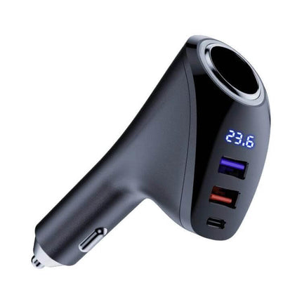 Car Charger With Digital Display For Daily Car Use compact multi-port USB-C and USB-A charger showing 23.6V