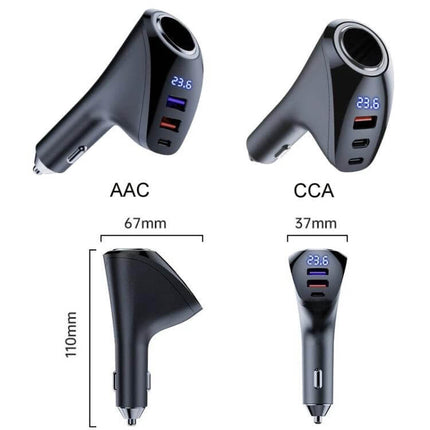 Car Charger With Digital Display For Daily Car Use compact dual-port USB-C and USB-A car charger with blue digital voltage readout