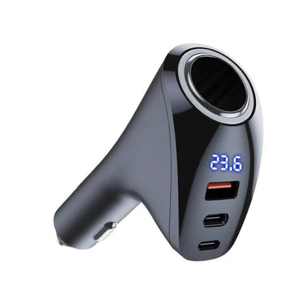 Car Charger With Digital Display For Daily Car Use - compact multi-port 12–24V car charger with USB-C, USB-A and blue voltage readout