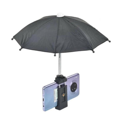 Compact Waterproof Umbrella for Camera and Phone Sun Protection — black mini umbrella mounted over phone for outdoor photo and rain protection
