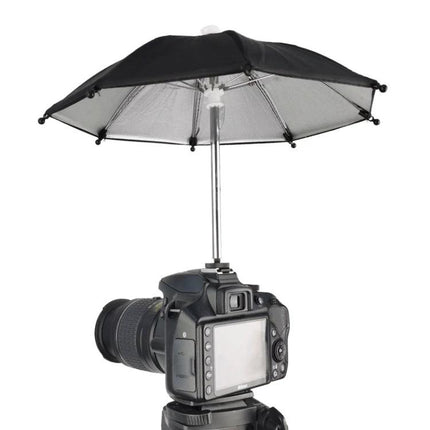 Compact Waterproof Umbrella for Camera and Phone Sun Protection mounted over DSLR to shield camera and phone from sun and rain