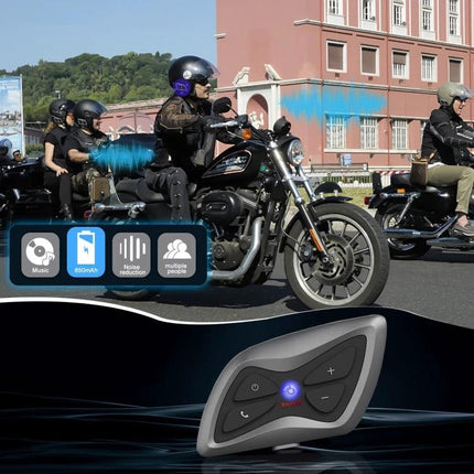 T6plus Smart Motorcycle Helmet with Bluetooth Intercom Feature showing riders communicating hands-free on highway with intercom unit inset