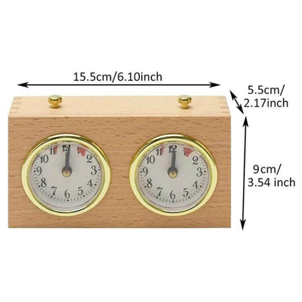 Retro Wood Shell Mechanical Chess Clock For Casual Games - compact wind-up wooden chess clock with dual faces, gold trim, 15.5cm x 9cm dimensions