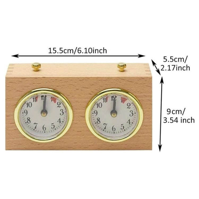 Retro Wood Shell Mechanical Chess Clock For Casual Games - compact wind-up wooden chess clock with dual faces, gold trim, 15.5cm x 9cm dimensions