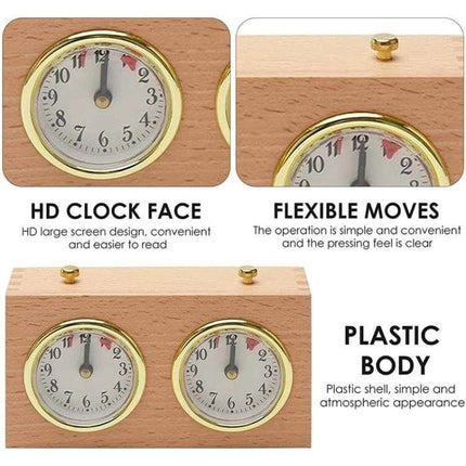 Retro Wood Shell Mechanical Chess Clock For Casual Games showing twin clock faces, wind-up knobs, and wood shell detail