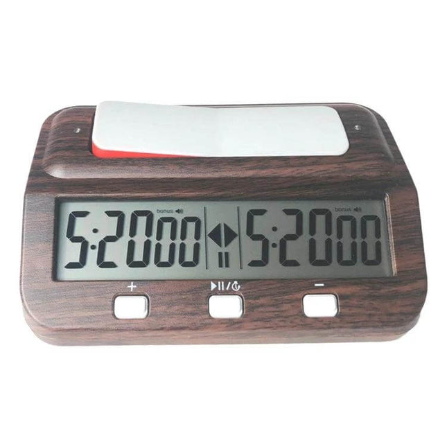 Plastic Chess Clock With Wood Grain Finish For Casual Games showing dual large LCD timers, ABS shell and top buttons for casual play