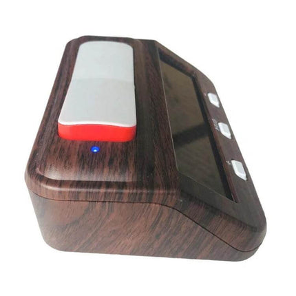 Plastic Chess Clock With Wood Grain Finish For Casual Games compact digital timer with ABS shell, large LCD and dual chips shown at angle