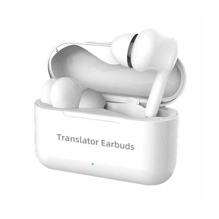 Earphones for Daily Language Translation During Travel Interactions - white translator earbuds in open charging case
