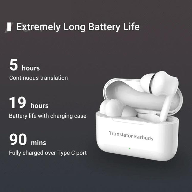 Earphones for Daily Language Translation During Travel Interactions with white translator earbuds, charging case and battery life specs (5h continuous, 19h case, 90min charge)