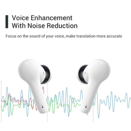 Earphones for Daily Language Translation During Travel Interactions — white earbuds with voice enhancement and noise reduction for clearer real-time translation