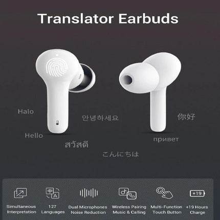 Earphones for Daily Language Translation During Travel Interactions — white translator earbuds with touch controls, dual mics, 127-language real-time translation
