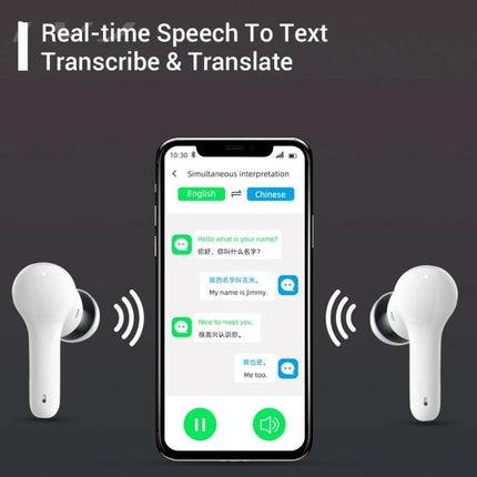 Earphones for Daily Language Translation During Travel Interactions showing earbuds and smartphone with real-time speech-to-text translation interface