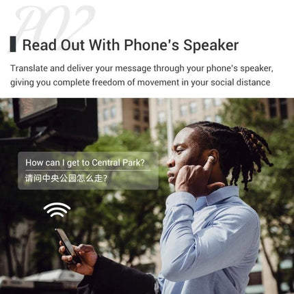 Earphones for Daily Language Translation During Travel Interactions — traveler using earphones and phone for real-time translation asking “How can I get to Central Park?”