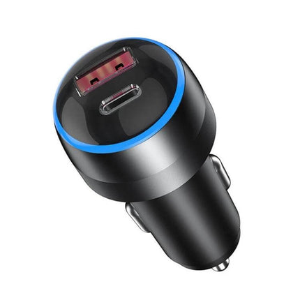Dual-Port Car Charger For Everyday Phone Charging – compact black car charger with USB-A and USB-C ports, blue LED ring, 63W max power