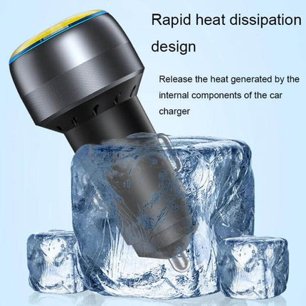 Dual-Port Car Charger For Everyday Phone Charging with rapid heat dissipation and aluminum alloy shell shown on ice block