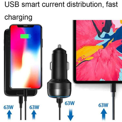 Dual-Port Car Charger For Everyday Phone Charging - compact black charger showing two devices charging with 63W total output