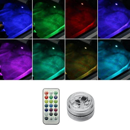 Car Ambient Light Kit With Wireless Remote For Easy Interior Mood - compact adhesive LED module and remote showing 13 color modes across car footwell