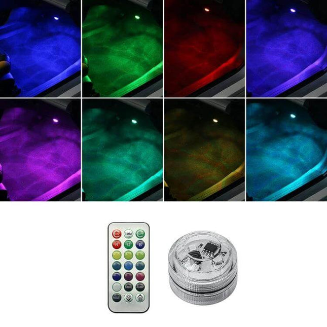Car Ambient Light Kit With Wireless Remote For Easy Interior Mood - compact adhesive LED module and remote showing 13 color modes across car footwell