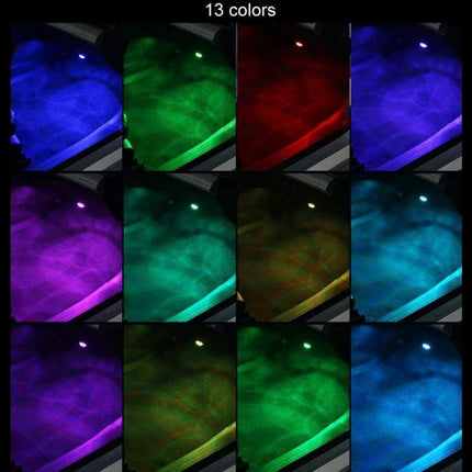 Car Ambient Light Kit With Wireless Remote For Easy Interior Mood showing 13 color options projected on car footwell and dashboard, compact adhesive module