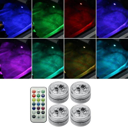 Car Ambient Light Kit With Wireless Remote For Easy Interior Mood showing 4 compact LED modules and remote displaying 13 colors and modes