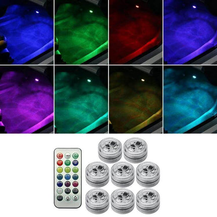 Car Ambient Light Kit With Wireless Remote For Easy Interior Mood compact button-cell modules with adhesive and remote showing multiple color modes