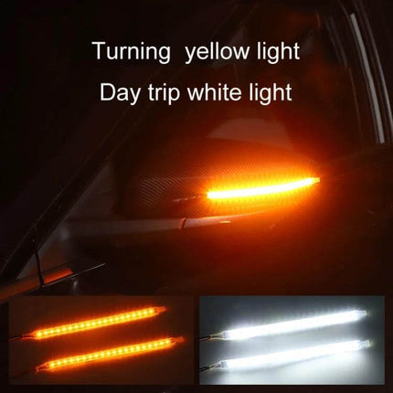 Car Rearview Mirror LED Turn Signal Streamer 14cm Pair showing amber turning lights and white daytime LEDs bent to fit mirror edge
