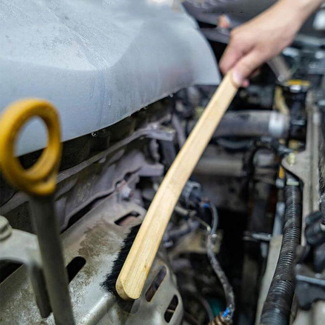 Long Bamboo Cleaning Brush for Automotive Engine and Tire Care cleaning engine bay and tight wheel areas with natural bristle brush