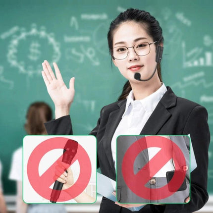 Headset Microphone for Daily Presentations and Teaching worn by smiling teacher in classroom, 2.4G wireless hands-free mic with no handheld or lapel cords